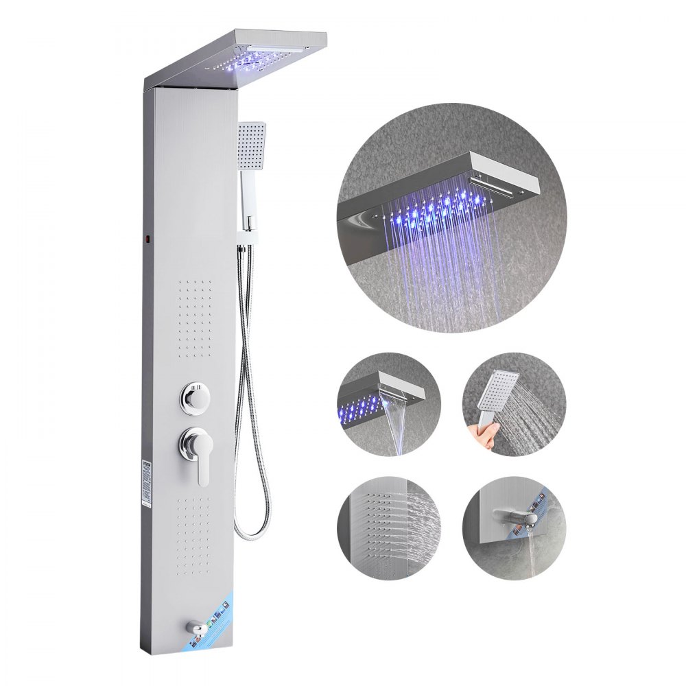 VEVOR Duschpaneel-Turmsystem (5 Modi) mit Regenwasserfall-Duschkopf & LED, Regenmassagesystem zur Wandmontage