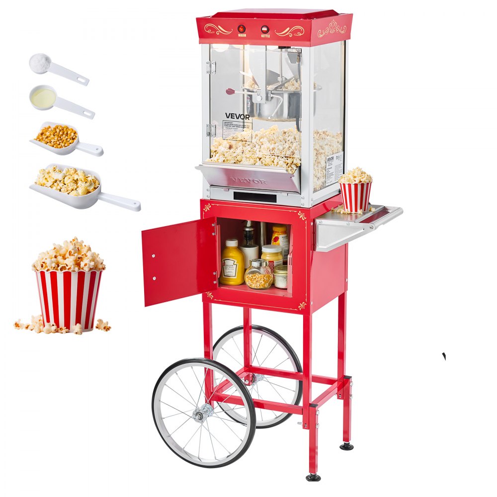 VEVOR Popcornmaschine Popcornautomat mit Kessel & Wagen, 800 W kommerzieller Popcornmaker, 1 Portionierer