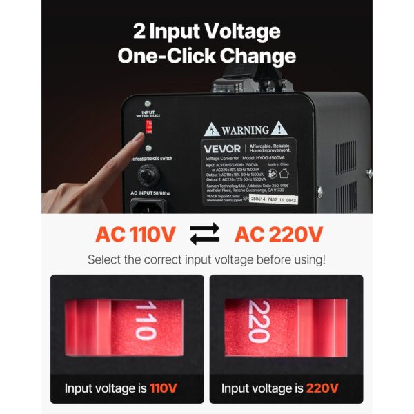 VEVOR Spannungswandler-Transformator, 1500VA, Konvertierung von 110 V auf 220 V & von 220 V auf 110 V – Bild 2