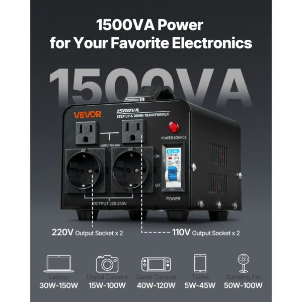 VEVOR Spannungswandler-Transformator, 1500VA, Konvertierung von 110 V auf 220 V & von 220 V auf 110 V – Bild 4