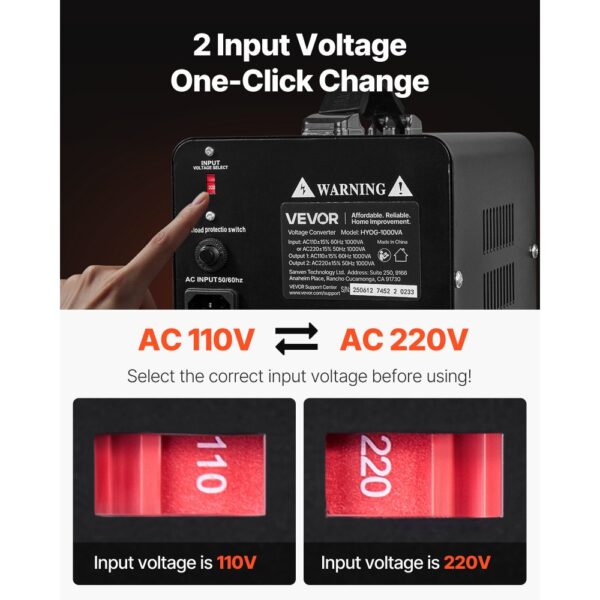 VEVOR Spannungswandler-Transformator, 1000 VA, Konvertierung von 110 V auf 220 V & von 220 V auf 110 V – Bild 2