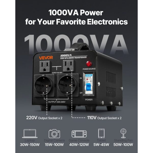 VEVOR Spannungswandler-Transformator, 1000 VA, Konvertierung von 110 V auf 220 V & von 220 V auf 110 V – Bild 4