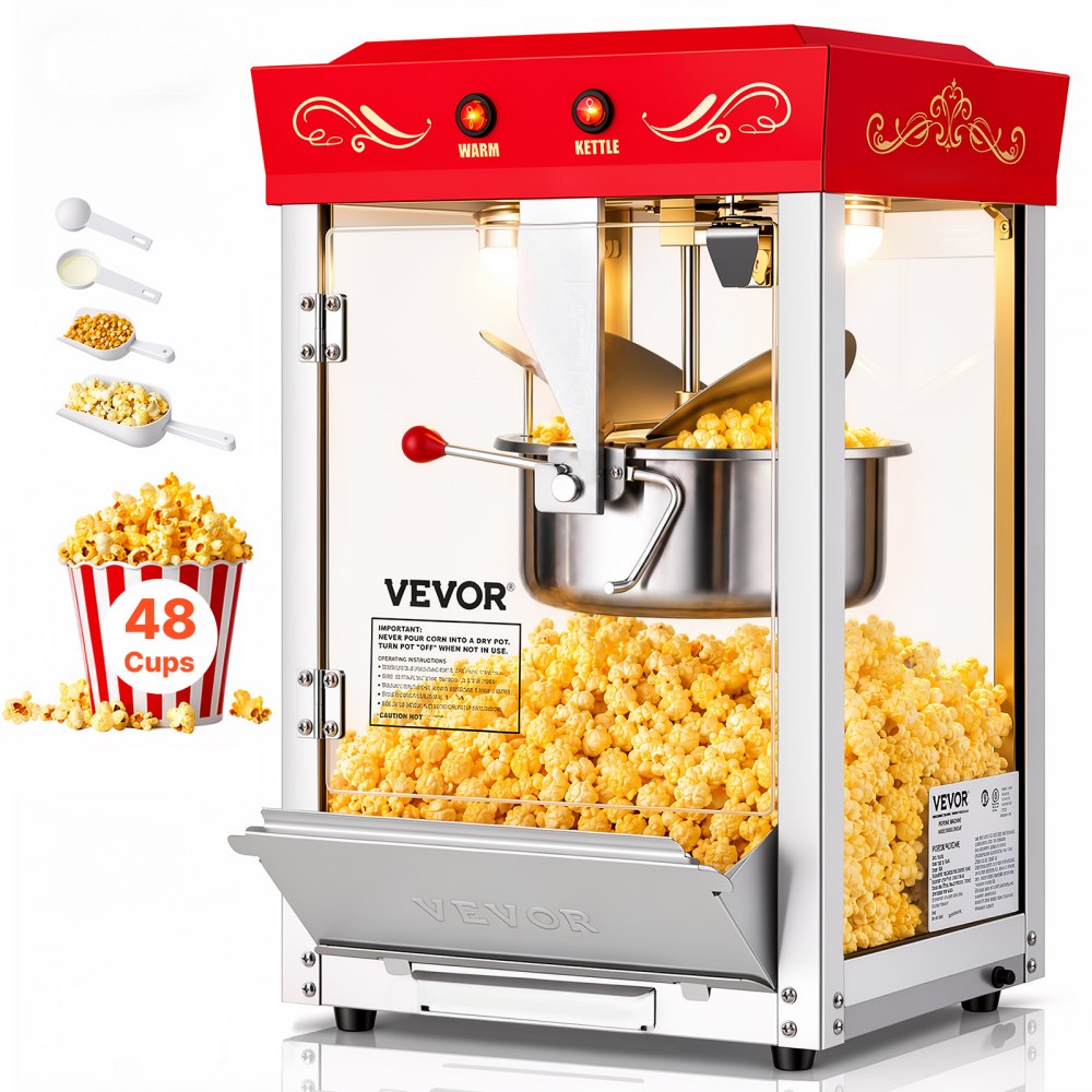 VEVOR Popcornmaschine mit Edelstahlkessel, 800 W kommerzieller Popcornmaker, 48 Tassen pro Ladung