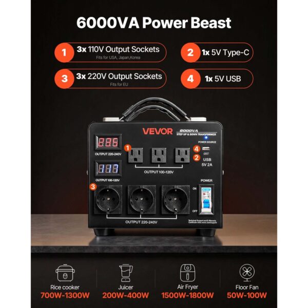 VEVOR Spannungswandler Transformator, 6000 VA, 110 V auf 220 V & 220 V auf 110 V – Bild 4