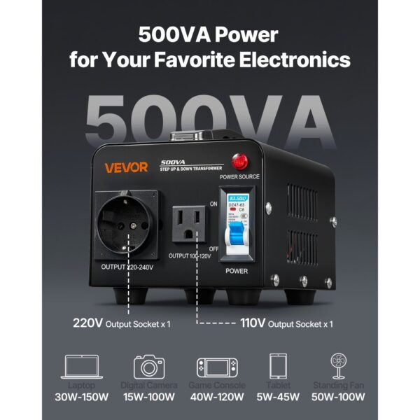 VEVOR Spannungswandler-Transformator, 500VA, Konvertierung von 110 V auf 220 V & von 220 V auf 110 V – Bild 4