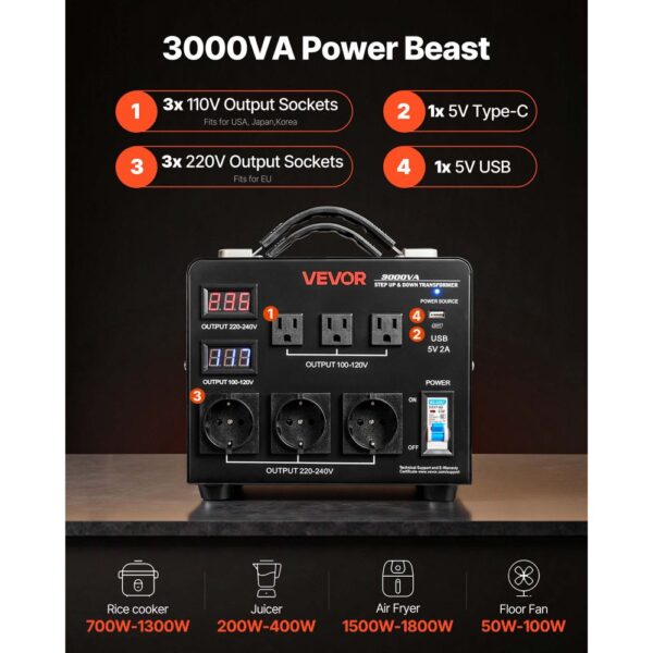 VEVOR Spannungswandler-Transformator, 3000 VA, 110 V auf 220 V & 220 V auf 110 V – Bild 4