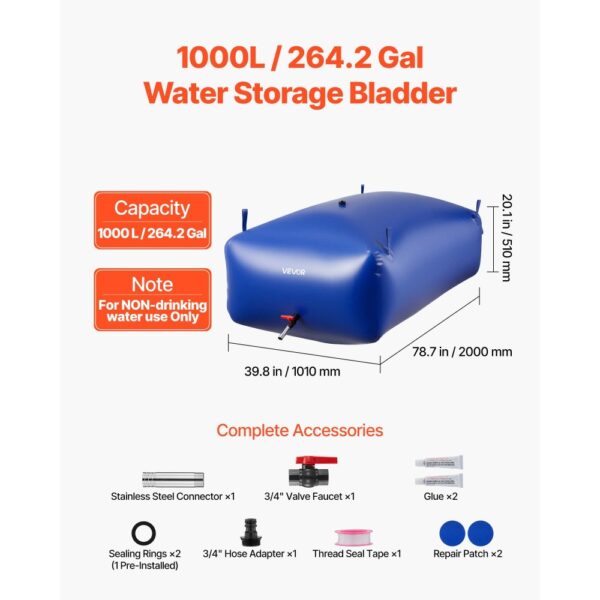 VEVOR Wasserspeicherblase, 1000 L PVC-Weichwasserbeutel, Wasserspeicherbehälter – Bild 2