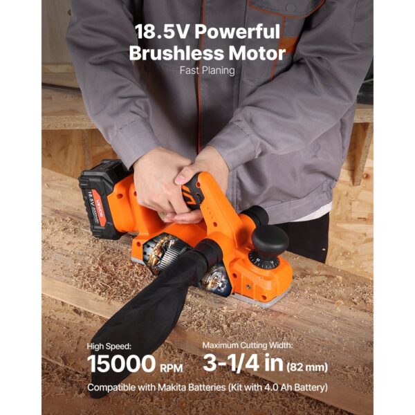 VEVOR Akku-Hobel, 82 mm Schnittbreite, 15000 U/min Elektrohobel für Holz mit 4,0 Ah 18 V Lithium-Akku – Bild 2