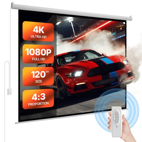 VEVOR Motor Projektionsleinwand Beamer Leinwand, 120 Zoll 4:3 4K 1080 HD, automatische Filmleinwand