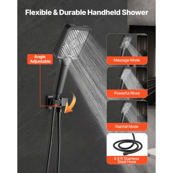 VEVOR Duschsystem-Set mit 12 Zoll Regenduschsystem / 6 Zoll Wandmontagekopf / 4 in 1 Handbrause, Mattschwarz – Bild 4
