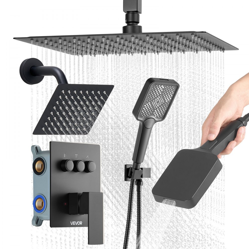 VEVOR Duschsystem-Set mit 12 Zoll Regenduschsystem / 6 Zoll Wandmontagekopf / 4 in 1 Handbrause, Mattschwarz