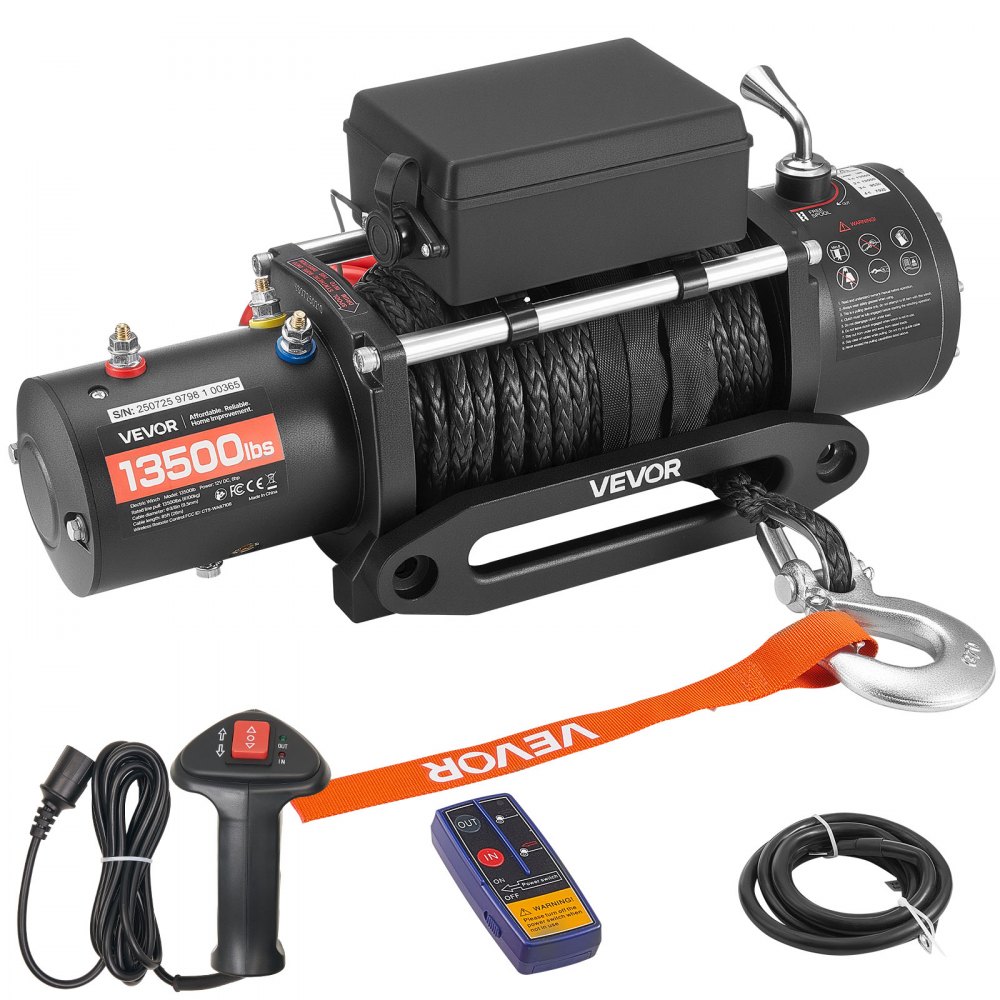 VEVOR Elektrische Seilwinde, 6100 kg, 12 V DC Elektrowinde mit 26 m Synthetikseil