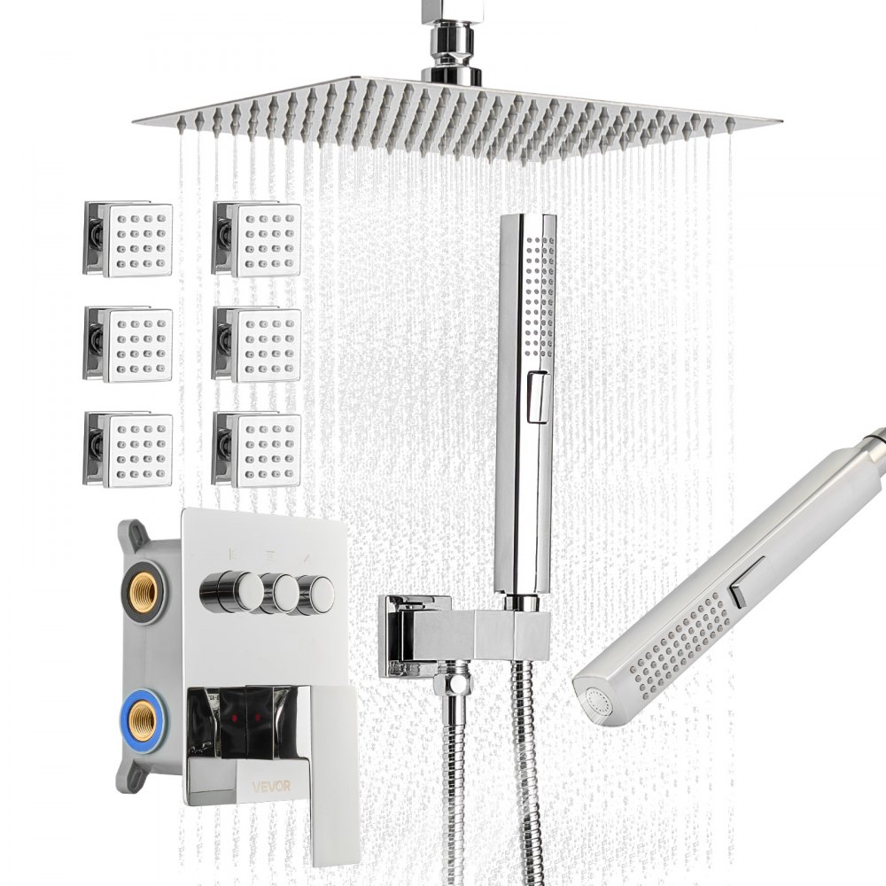 VEVOR Duschsystem-Set mit 10 Zoll Regenduschsystem / 6 Körperbrausen / 2 in 1 Handbrause, Chrom Badezimmer