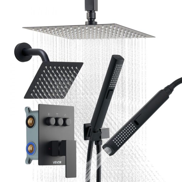 VEVOR Duschsystem-Set inkl. 10 Zoll Regenduschsystem / 6 Zoll Wandmontagekopf / 2 in 1 Handbrause, Mattschwarz