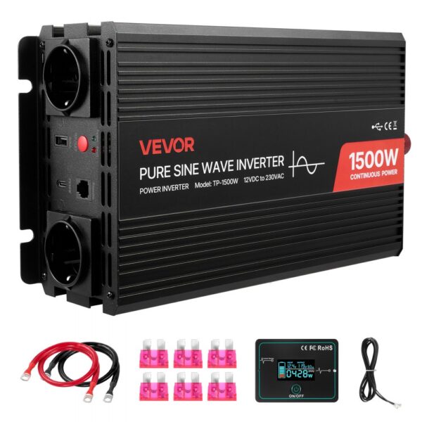 VEVOR 1500-W-Wechselrichter, 12 V DC auf 230 V AC, reiner Sinus-Wechselrichter, 2 AC-Steckdosen