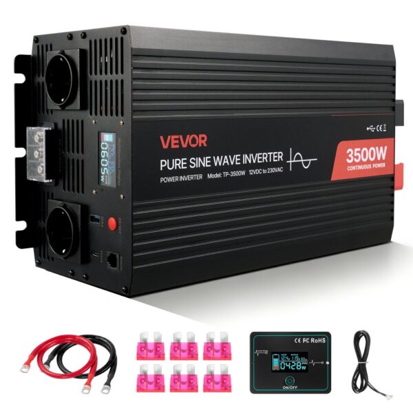 VEVOR 3500 W Wechselrichter, 12 V DC auf 230 V AC, reiner Sinus-Wechselrichter, 2 AC-Steckdosen