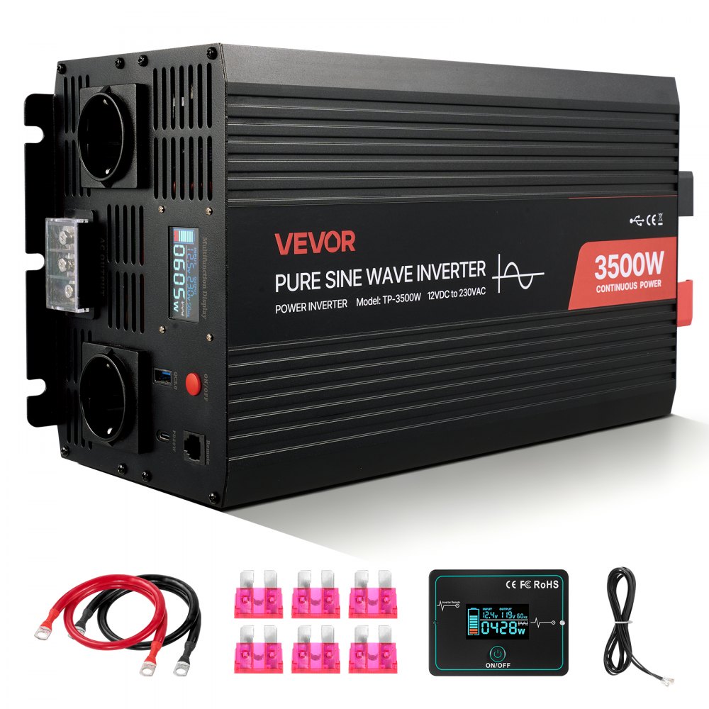 VEVOR 3500 W Wechselrichter, 12 V DC auf 230 V AC, reiner Sinus-Wechselrichter, 2 AC-Steckdosen