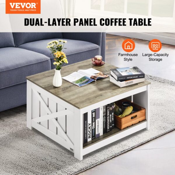 VEVOR Couchtisch Kaffeetisch im Farmhouse-Stil, quadratischer Couchtisch mit offenem Ablagefach – Bild 2