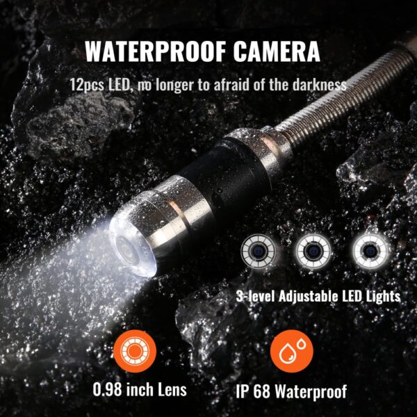 VEVOR Kanalkamera, 50 m, 7-Zoll-Bildschirm, wasserdichte IP68-Kamera, 12 einstellbare LEDs – Bild 4