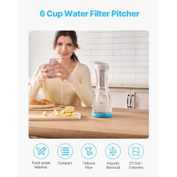 VEVOR Wasserfilter Kanne Wasserfilterkrug 6 Tassen Wasserfilterspender aus Glas, hält 3 Monate / 800 L – Bild 2