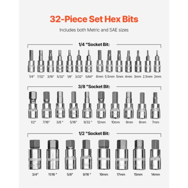 VEVOR Sechskant Steckschlüsselsatz 32-teilig, S2-Legierungsstahl & Cr-V-Stahl, Standard SAE & metrisch – Bild 3 VEVOR Sechskant Steckschlüsselsatz 32-teilig, S2-Legierungsstahl & Cr-V-Stahl, Standard SAE & metrisch – Bild 3