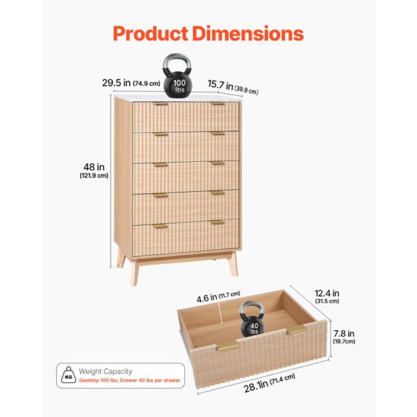 VEVOR Kommode mit 5 geriffelten Schubladen, Holzkommode mit Schiebe- und Kippschutz – Bild 3 VEVOR Kommode mit 5 geriffelten Schubladen, Holzkommode mit Schiebe- und Kippschutz – Bild 3