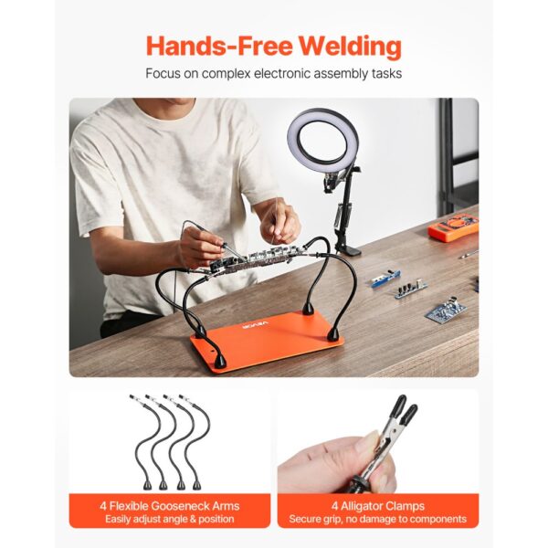 VEVOR Löthilfe Dritte Hand, 4 flexible Arme, Werkzeug mit 3-facher LED-Vergrößerungslampe & rutschfester Basis – Bild 4
