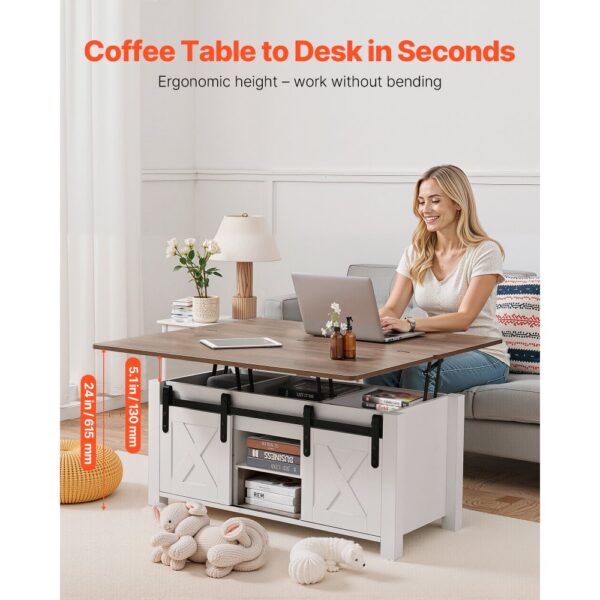 VEVOR Lift Top Couchtisch 100 cm, rustikaler Kaffeetisch mit Scheunentor & verstecktem Staufach – Bild 3