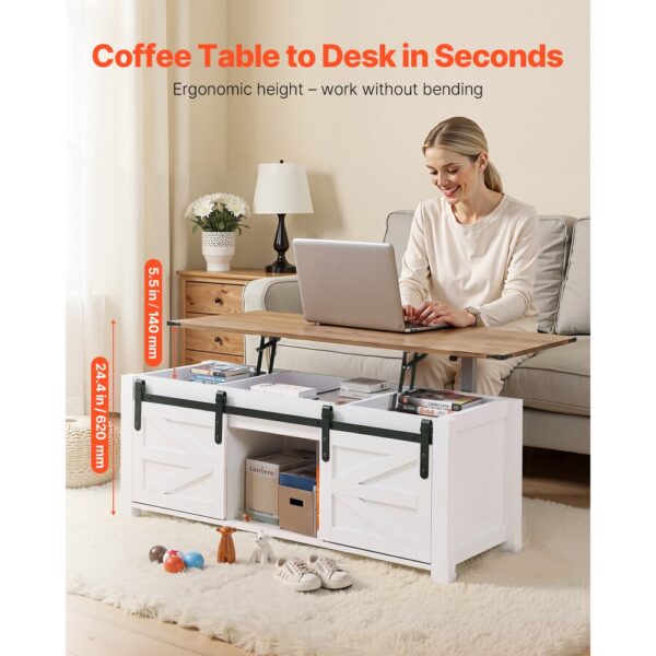 VEVOR Lift Top Couchtisch 120 cm, rustikaler Kaffeetisch mit Scheunentor & verstecktem Staufach – Bild 3