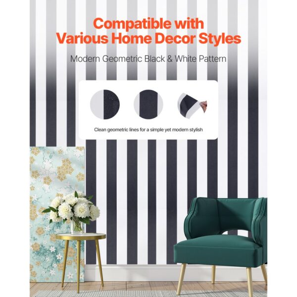 VEVOR Tapete selbstklebend, 45 cm x 15 m, Klebefolie mit Streifen in Schwarz-Weiß – Bild 2