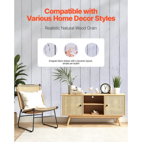 VEVOR Tapete selbstklebend, 45 cm x 12 m, Klebefolie mit weißer Holzstruktur – Bild 2