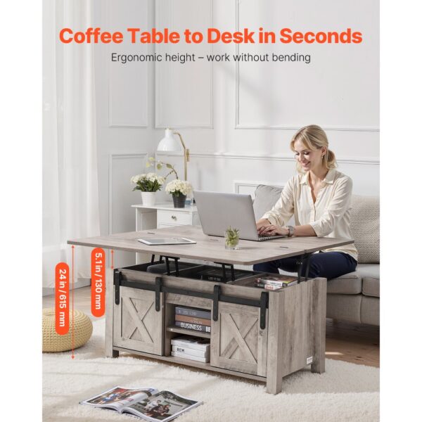 VEVOR Lift Top Couchtisch 100 cm, rustikaler Kaffeetisch mit Scheunentor & verstecktem Staufach – Bild 3