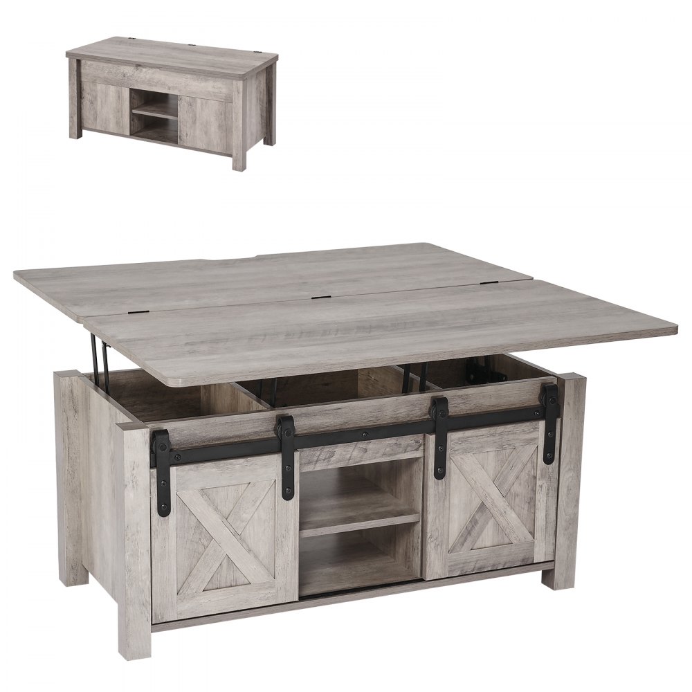 VEVOR Lift Top Couchtisch 100 cm, rustikaler Kaffeetisch mit Scheunentor & verstecktem Staufach