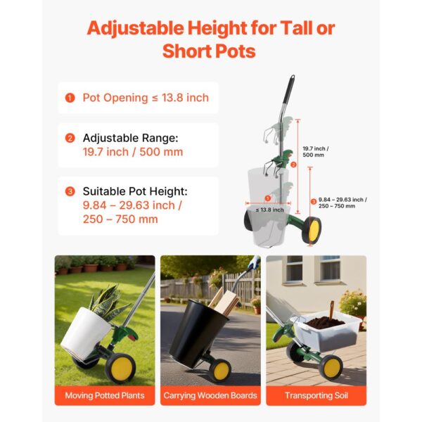 VEVOR Garten Topftransporter, robuster Topftransportwagen mit verstellbarem Greifarm, max. 65 kg Tragkraft – Bild 5