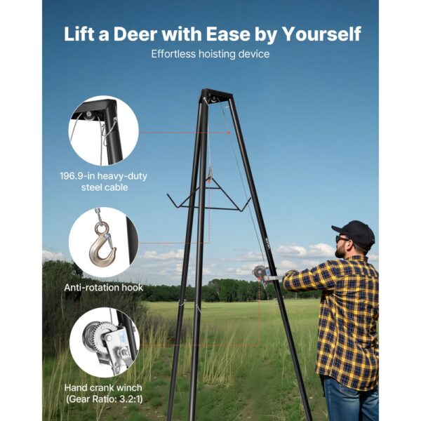 VEVOR Game Hoist, 227 kg Tragkraft, Jagd-Wildhebezeug mit Seilwinde und Gambrel, 1300 x 1100 x 2750 mm – Bild 3