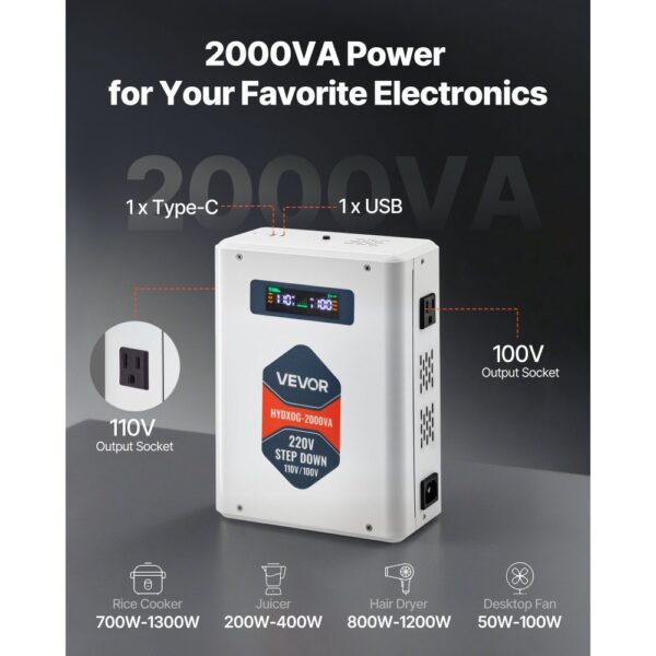 VEVOR Spannungswandler Abwärts, 2000 VA, 220 V auf 110 V Leistungstransformator – Bild 2
