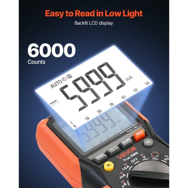 VEVOR Digitalmultimeter, 6000-Count TRMS DC/AC-Voltmeter-Stromtester, automatischer Bereichswahl für Strom – Bild 3
