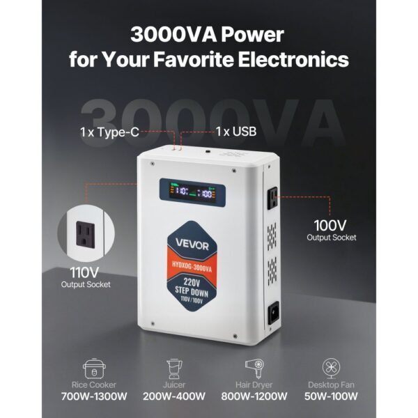 VEVOR Abwärtsspannungswandler Abwärts, 3000 VA, 220 V auf 110 V Leistungstransformator – Bild 2
