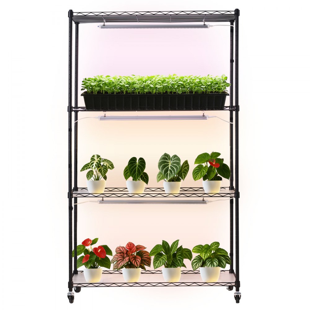 VEVOR Pflanzenregal mit Wachstumslicht 90x35x150 cm, 4-stufiger Pflanzenständer, Pflanzenregal mit Rädern