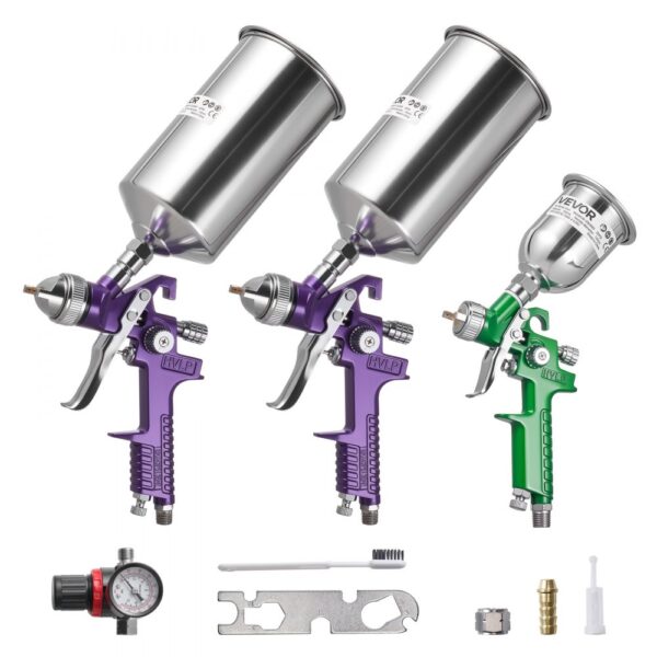 VEVOR 3-tlg. Farbsprüh-Set, Spritzpistole mit 3 Düsen (1/1,4/1,8 mm), 3 Bechern und Luftregler