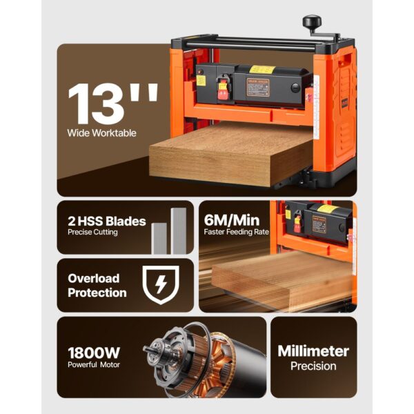 VEVOR Dickenhobel, 330 mm breiter Arbeitstisch, 1800 W, 23500 U/min, Holzbearbeitung mit Einzelgeschwindigkeit – Bild 2