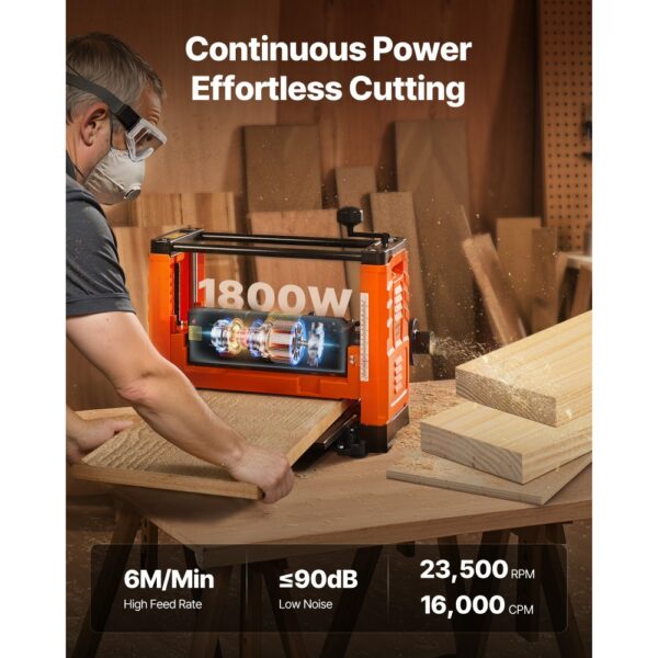 VEVOR Dickenhobel, 330 mm breiter Arbeitstisch, 1800 W, 23500 U/min, Holzbearbeitung mit Einzelgeschwindigkeit – Bild 4