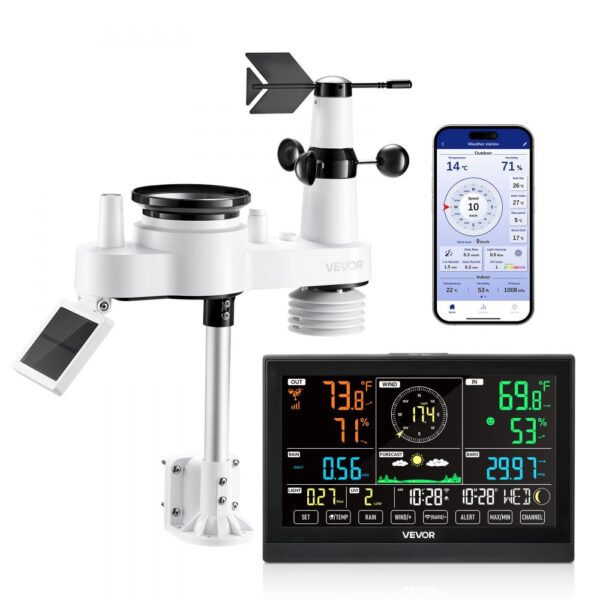 VEVOR 7-in-1 WLAN-Wetterstation mit APP, 7,5-Zoll-VA-Display, solarbetriebener Außensensor