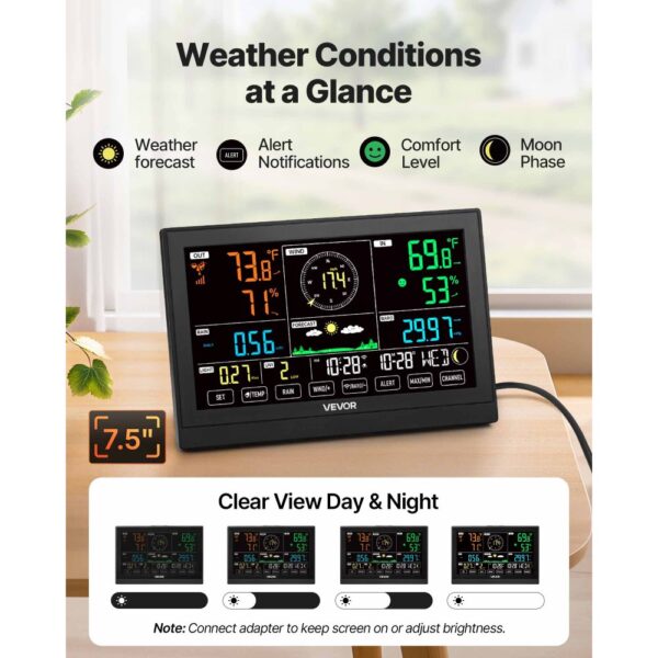 VEVOR 7-in-1 WLAN-Wetterstation mit APP, 7,5-Zoll-VA-Display, solarbetriebener Außensensor – Bild 4