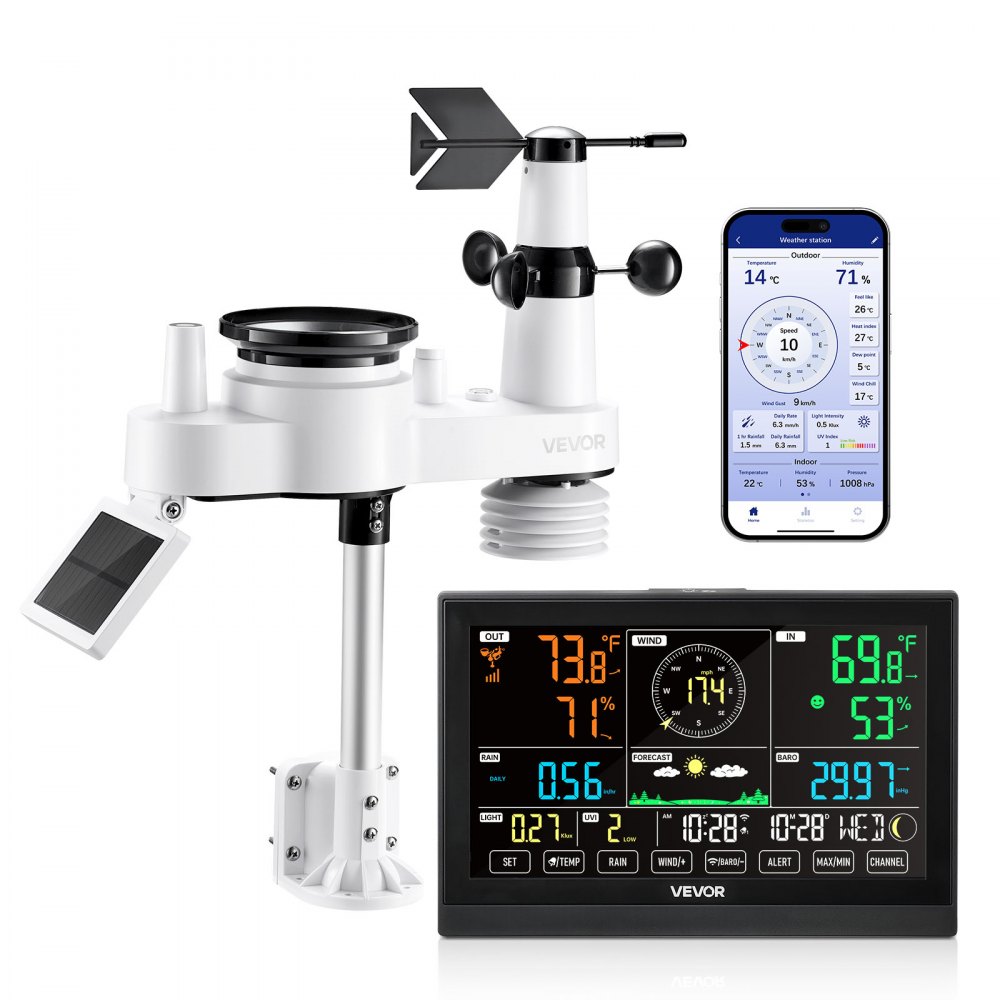 VEVOR 7-in-1 WLAN-Wetterstation mit APP, 7,5-Zoll-VA-Display, solarbetriebener Außensensor