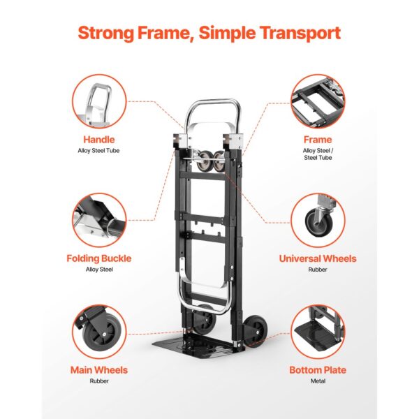 VEVOR 2-in-1-Sackkarre, 227 kg Tragkraft im 4-Rad-Modus, umwandelbarer Transportwagen mit verstellbarem Griff – Bild 4 VEVOR 2-in-1-Sackkarre, 227 kg Tragkraft im 4-Rad-Modus, umwandelbarer Transportwagen mit verstellbarem Griff – Bild 4