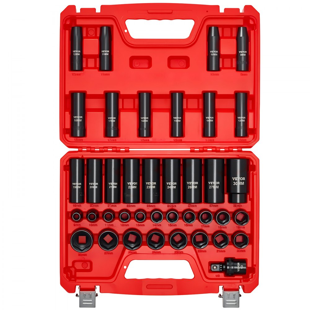 VEVOR 1/2 Zoll-Antrieb Schlagschrauber-Steckschlüsselsatz, 39-tlg. Muttern Entferner Set metrisch 9-30 mm