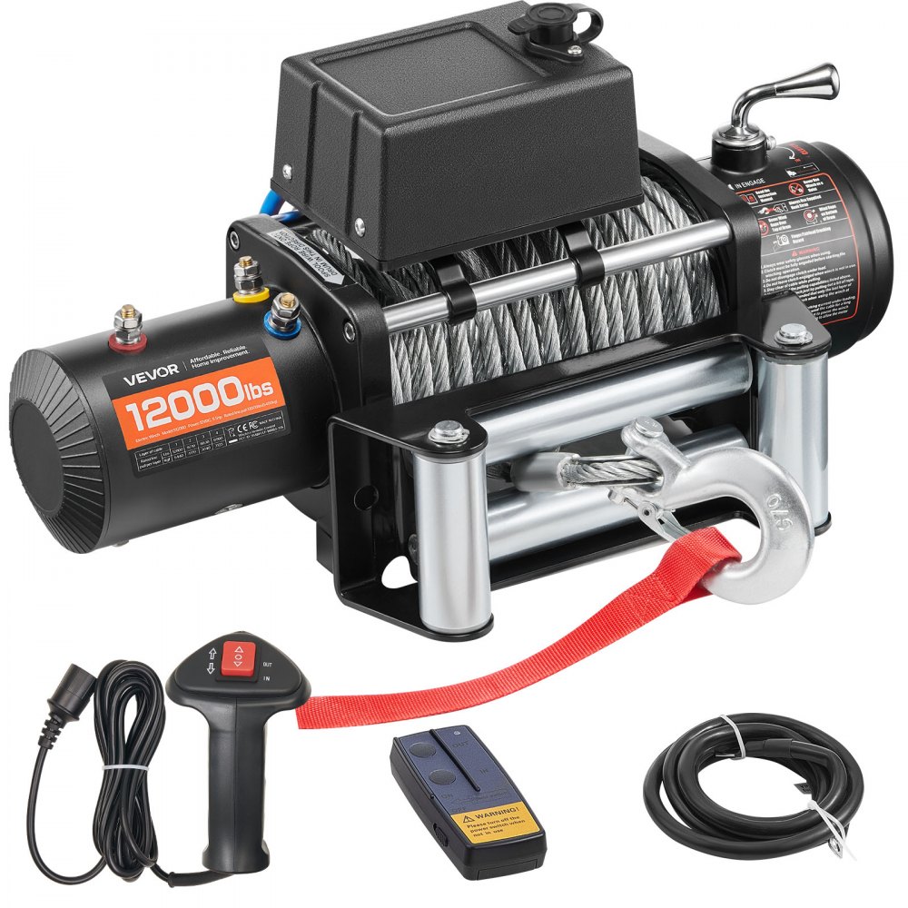 VEVOR Elektrische Seilwinde, 5400 kg, 12 V DC LKW-Winde mit Φ 9,1 mm x 26 m Stahlseil
