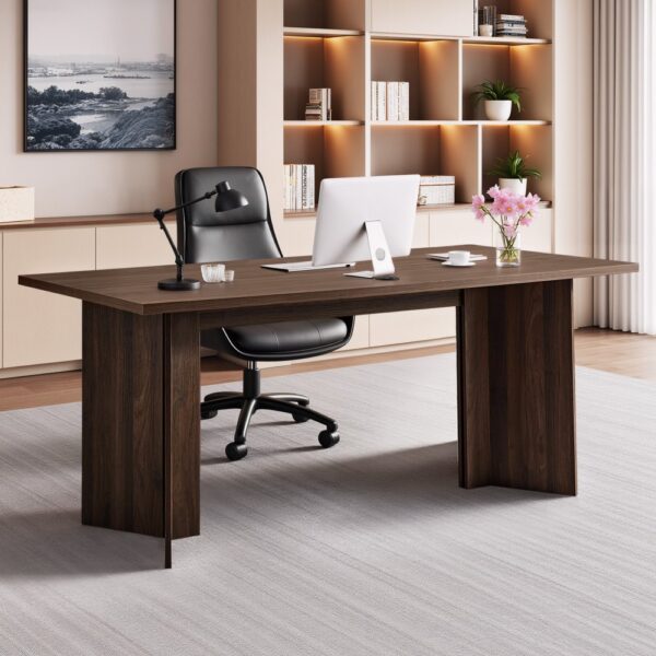 VEVOR Chefschreibtisch (160 lang) moderner Bürotisch mit Kabelanschlussloch, 113,4 kg Tragkraft, Braun+Schwarz