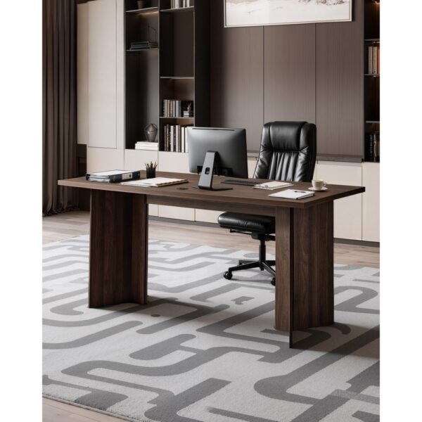 VEVOR Chefschreibtisch (160 lang) moderner Bürotisch mit Kabelanschlussloch, 113,4 kg Tragkraft, Braun+Schwarz – Bild 2